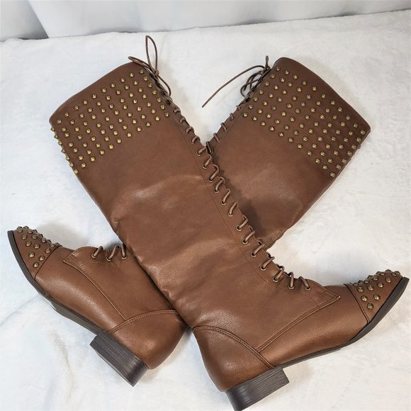 Pink Dutchess Chunky Heel Lace-Up Over The Knee Riding Boots With Studds - Picture 9 of 9